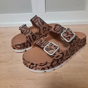 J/Slides NYC Leopard Print Double Buckle Platform Sandals